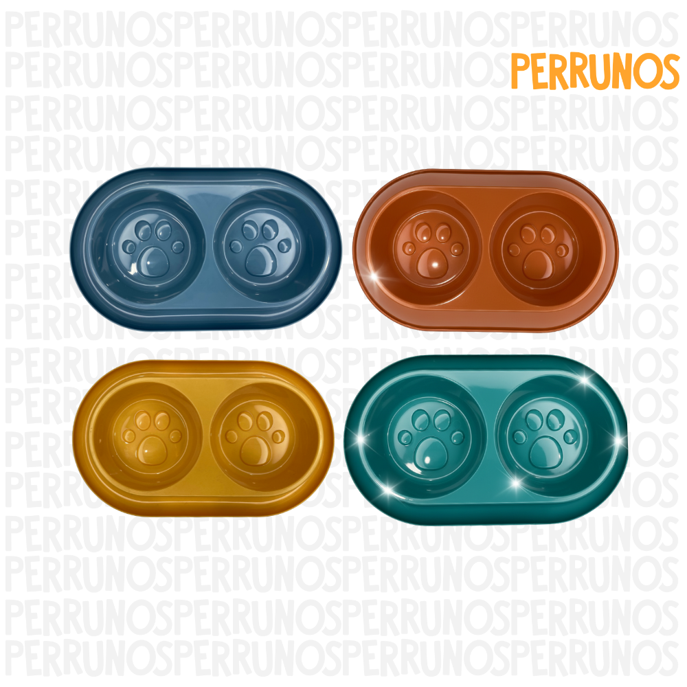 Plato Doble para Perros con Diseño de Huellas
